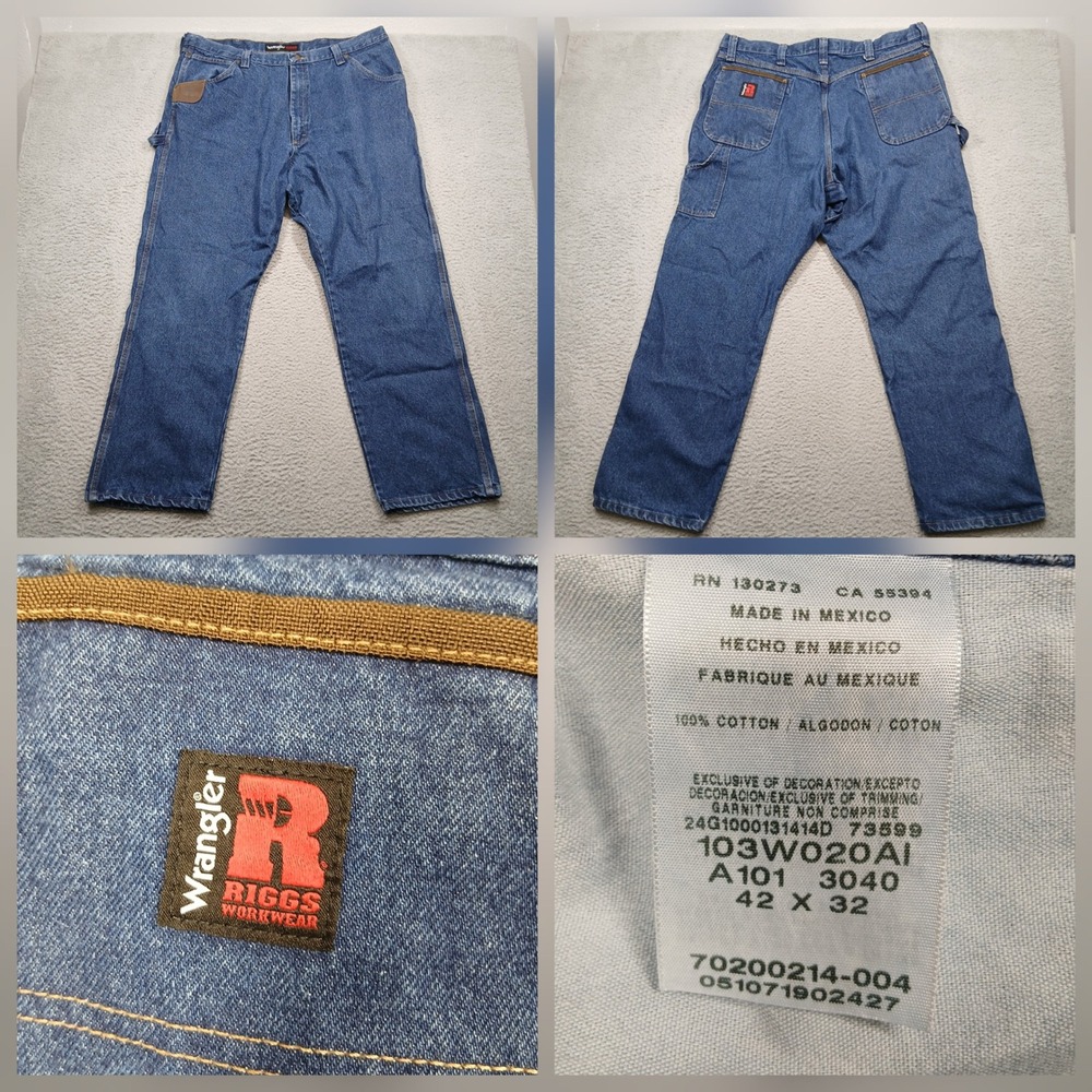 Wrangler Riggs Workwear Jeans Men's 42x32 Blue Denim Carpenter Made Mexico